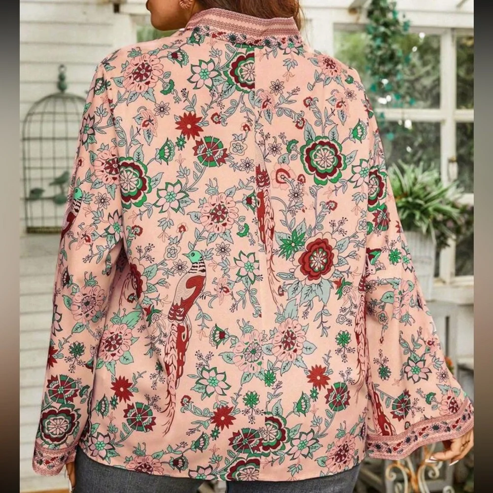 Boho Floral Print Long Sleeve Top Blouse Shirt - Picture 2 of 5